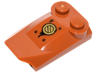 Lego Slope, Curved 3 x 2 x 2/3 with 2 Studs, Wing End with Gold Circle and Black Rivets Pattern (Sticker) - Set 70146 / Dark Orange