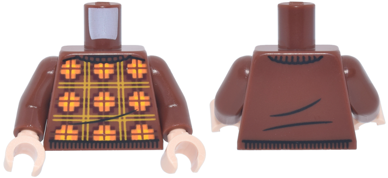 Lego Torso Sweater with Yellow, Orange and Dark Red Plaid and Black Ribbing Pattern / Reddish Brown Arms / Light Nougat Hands
