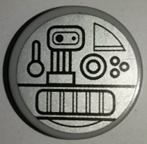 Lego Tile, Round 2 x 2 with Black SW Mechanical Parts on Silver Background Pattern (Sticker) - Set 7879 / Light Bluish Gray