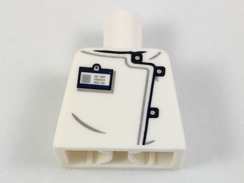 Lego Torso Lab Coat with Black and Silver Clasps, ID Badge Pattern / White