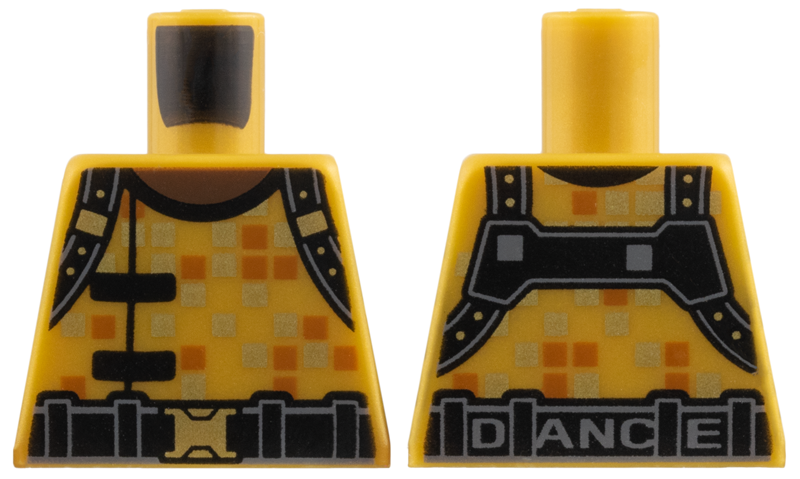 Lego Torso Umber Neck, Black Suspenders and Belt, Gold and Dark Orange Squares, Dark Bluish Gray 'DANCE' on Back Pattern / Pearl Gold