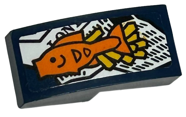 Lego Slope, Curved 2 x 1 x 2/3 with Orange Fish, Yellow Fries and White Newspaper Pattern (Sticker) - Set 40569 / Dark Blue