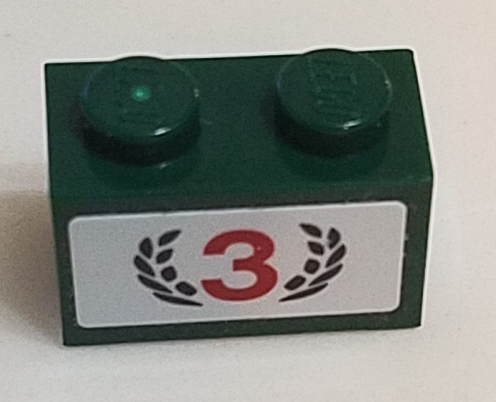 Lego Brick 1 x 2 with Red Number 3 and Dark Green Laurel Wreath Pattern (Sticker) - Set 75881