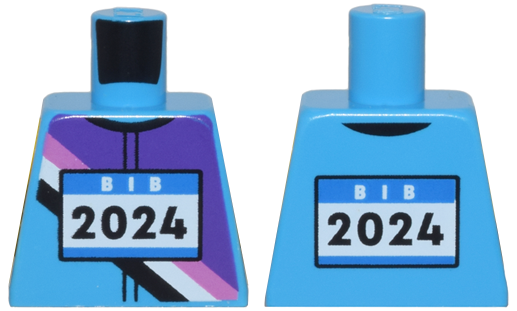 Lego Torso Jersey with Dark Purple, Dark Pink, Black and White Diagonal Stripes, Blue Race 'BIB' and '2024' Pattern / Dark Azure