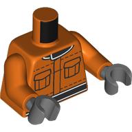 Lego Torso, Vest, Black Belt, Collar, Pockets print, Orange Arms, Dark Bluish Gray Hands / Reddish Orange