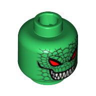 Lego Minifig Head Killer Croc, Red Eyes, Grin with Sharp Teeth, Reptile Scales Print [Blocked Open Stud] / Green