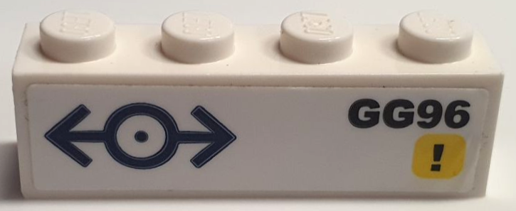 Lego Brick 1 x 4 with Dark Blue Train Logo, Black 'GG96' and Exclamation Mark on Yellow Background Pattern Model Left Side (Sticker) - Set 40518
