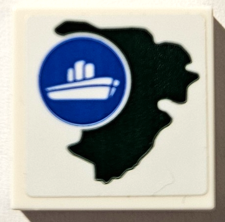 Lego Tile 2 x 2 with Dark Green Island and Ship on Blue Circle Pattern (Sticker) - Set 76958 / White