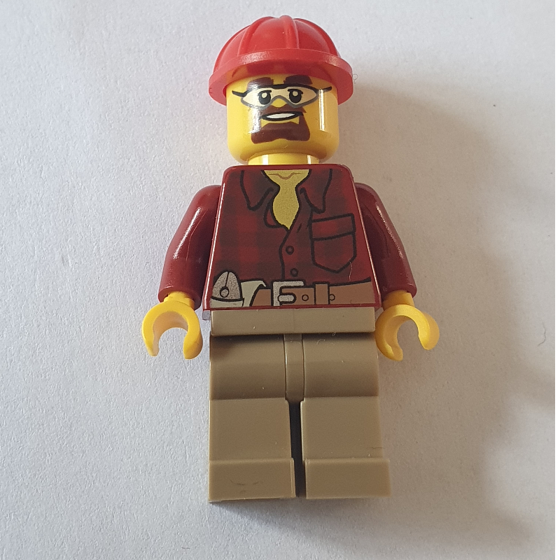 Lego Construction Worker, Dark Red Flannel Shirt, Red Hard Hat, Goatee Beard and Safety Glasses