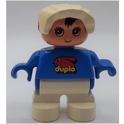 Lego Duplo Figure, Early Child, with Bonnet White, White Legs, Duplo Bunny Logo Print / Blue