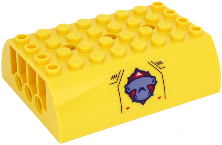 Lego Slope, Curved 6 x 8 x 2 Double with Hammerhead Shark Head, Black Lines and Red Arrows Pattern on Both Sides (Stickers) - Set 60265 / Yellow