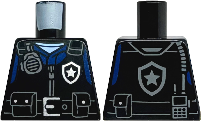 Lego Torso Police Safety Vest, Silver Star Badge Logo, Dark Bluish Gray Radio, Belt with Buckle and Pouches, Dark Blue Shirt Pattern / Black