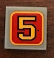 Lego Tile 2 x 2 with Bright Light Orange Number '5' on Red Background Pattern (Sticker) - Set 21311 / Light Bluish Gray
