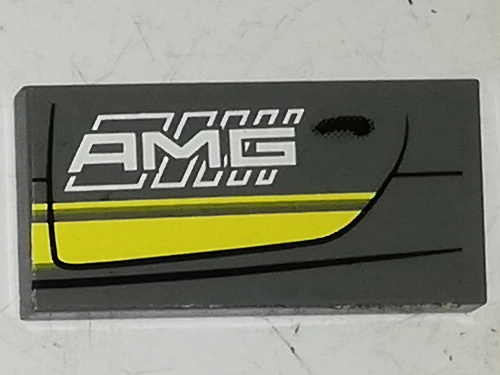 Lego Tile 2 x 4 with Double Yellow Stripes and White 'AMG' on Dark Bluish Gray Background Pattern Model Left Side (Sticker) - Set 75877