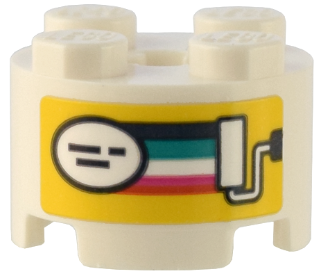 Lego Brick, Round 2 x 2 with Axle Hole with Paint Can Label with Rainbow and White Oval and Roller on Yellow Background Pattern (Sticker) - Set 41732