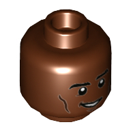 Lego Minifig Head War Machine / Val-Zod, Thick Eyebrows, Dark Brown Cheek Lines, Lopsided Smile with Teeth Print / Reddish Brown