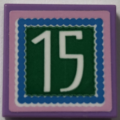 Lego Tile 2 x 2 with White '15' on Green Background, Dark Azure and Bright Pink Border Pattern (Sticker) - Set 41702 / Medium Lavender