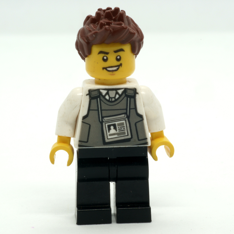 Lego Security Guard, Dark Bluish Gray Vest with ID Badge, Reddish Brown Hair