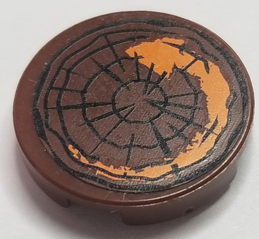 Lego Tile, Round 2 x 2 with Bottom Stud Holder with Tree Trunk, Wood Grain and Circular Orange Painted Arrow Pattern (Sticker) - Set 75903
