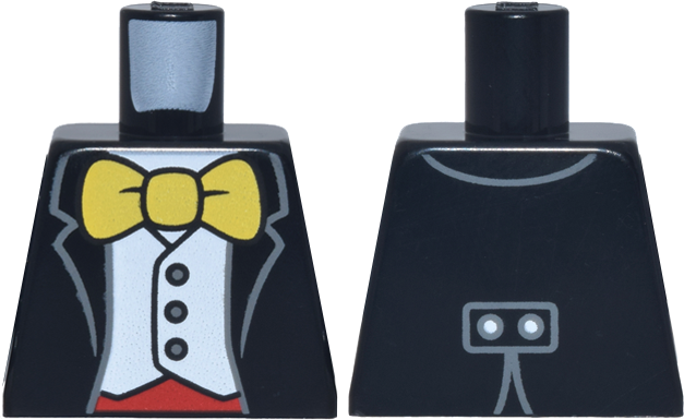 Lego Torso Tuxedo Jacket Open over White Vest with Dark Bluish Gray Buttons, Red Cummerbund, Large Yellow Bow Tie Pattern / Black