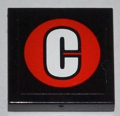 Lego Tile 2 x 2 with White Capital Letter C on Red Circle Pattern (Sticker) - Set 76005 / Black
