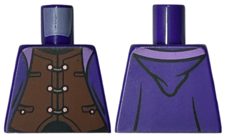 Lego Torso Robe Open with Lavender Lining over Reddish Brown Vest with Pockets and Copper Buttons, Black Neck and Waist Pattern / Dark Purple