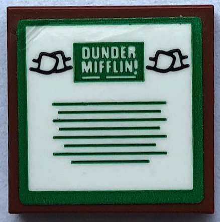 Lego Tile 2 x 2 with 'DUNDER MIFFLIN', Black Handshakes, Green Lines and Border Pattern (Sticker) - Set 21336