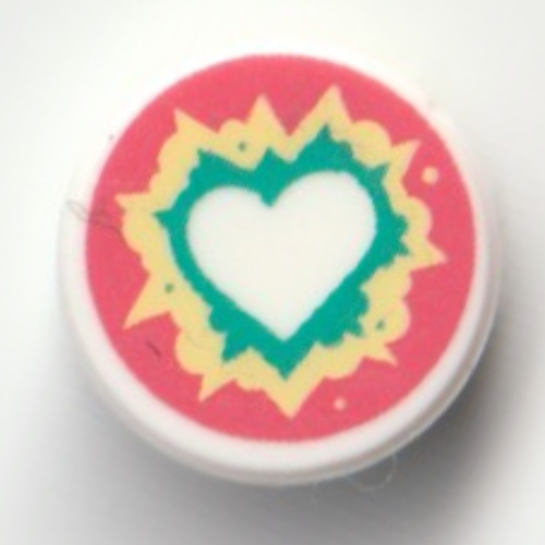 Lego Tile Round 1 x 1 with Heart, Dark Turquoise, Bright Light Yellow Outline, Coral Background Print / White