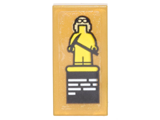 Lego Tile 1 x 2 with Card with Yellow Minifigure Statue with Helmet, Goggles, Axe and White Text Lines Pattern (Sticker) - Set 70620 / Pearl Gold