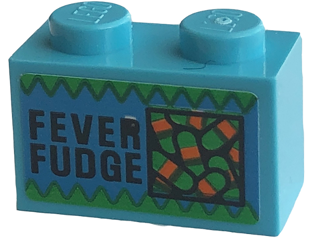 Lego Brick 1 x 2 with 'FEVER FUDGE' Pattern (Sticker) - Set 76422 / Medium Azure