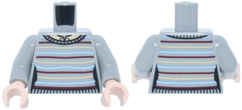 Lego Torso Female Sweater with Dark Red, Tan and Bright Light Blue Horizontal Stripes and Black Ribbing over Tan Shirt with Collar Pattern / Light Bluish Gray Arms / Light Nougat Hands