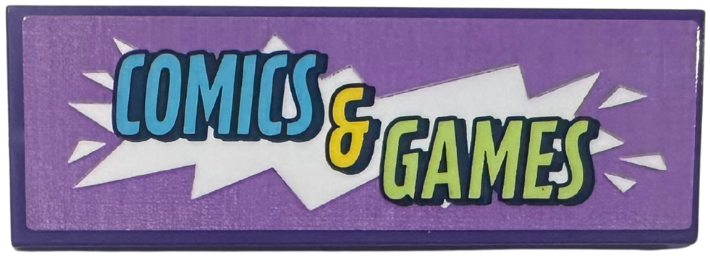 Lego Tile 2 x 6 with Medium Azure, Yellow and Yellowish Green 'COMICS & GAMES' on White and Medium Lavender Background Pattern (Sticker) - Set 42674