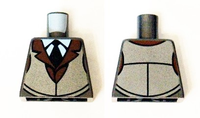 Lego Torso White Shirt with Black Tie, Reddish Brown Jacket Collar and Silver Vest Pattern / Pearl Dark Gray