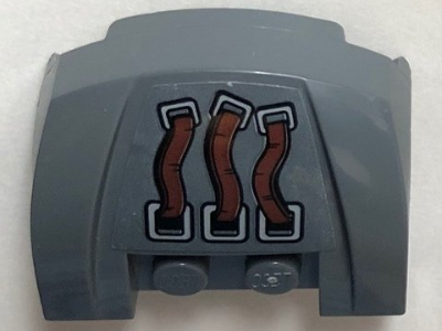 Lego Vehicle, Mudguard 3 x 4 x 1 2/3 Curved Front with 3 Reddish Brown Belts Pattern (Sticker) - Set 76099 / Dark Bluish Gray