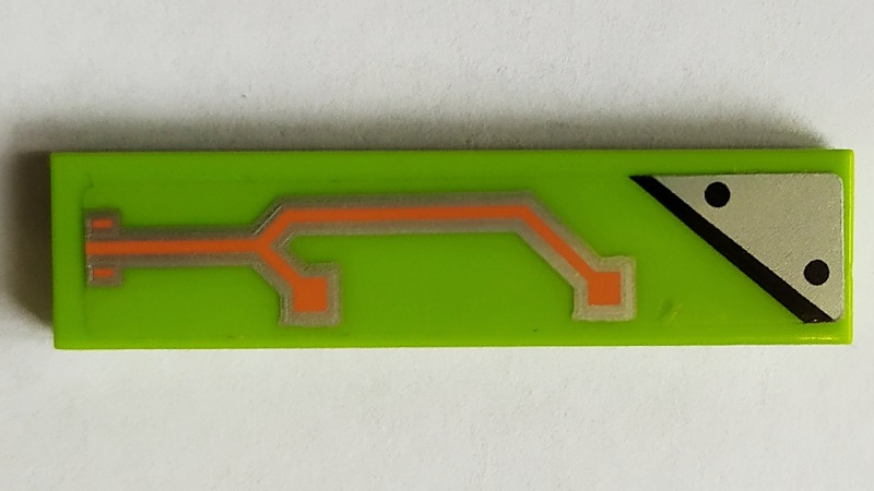 Lego Tile 1 x 4 with Orange Circuitry and Silver Plate Pattern Model Right Side (Sticker) - Set 70355 / Lime