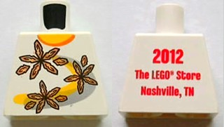 Lego Torso Shirt with Orange Collar and 3 Flowers over Yellow and Silver Curved Stripes, '2012 The LEGO Store Nashville, TN' on Back Pattern / White