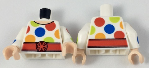 Lego Torso Large Multicolor Polka Dots and Wide Red Belt Pattern / White Arms with Large Multicolor Polka Dots Pattern / Light Nougat Hands