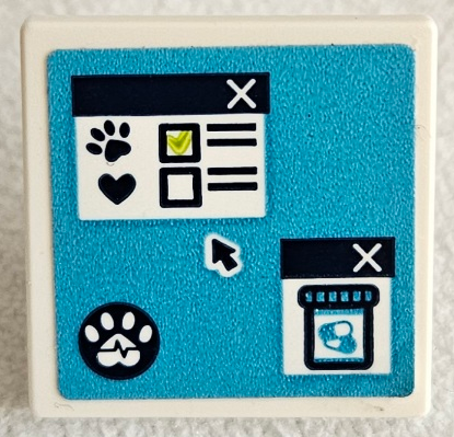 Lego Road Sign 2 x 2 Square with Open O Clip with Computer Screen with Check Boxes, Paw Prints, Mouse Cursor Arrow, Pills in Jar and Windows on Dark Azure Background Pattern (Sticker) - Set 41446 / White
