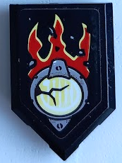 Lego Tile, Modified 2 x 3 Pentagonal with Broken Headlight, Bright Light Yellow and Red Flames Pattern (Sticker) - Set 70421 / Black