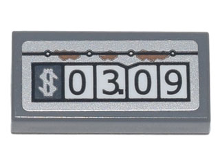 Lego Tile 1 x 2 with '$03.09' Gas Pump Reading, Rivets and Rust Pattern (Sticker) - Set 70840 / Dark Bluish Gray