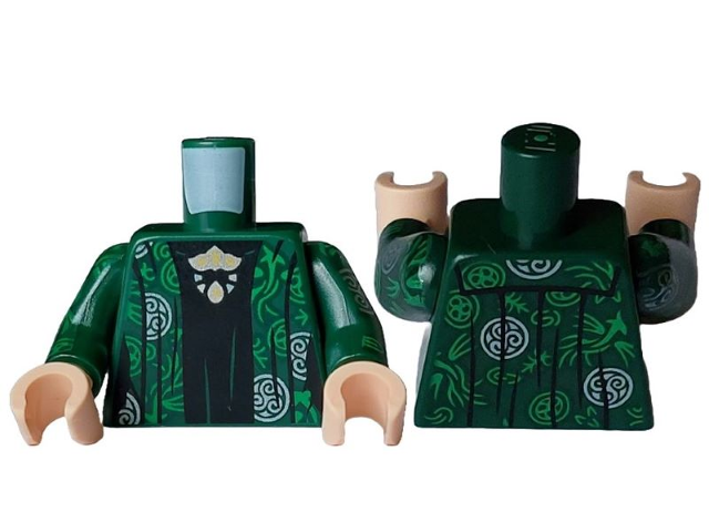 Lego Torso Robe with Silver and Bright Green Circles and Filigree over Black Dress with Silver, Gold, Metallic Light Blue and Yellow Brooch Pattern / Dark Green Arms with Silver and Bright Green Circles and Filigree Pattern / Light Nougat Hands