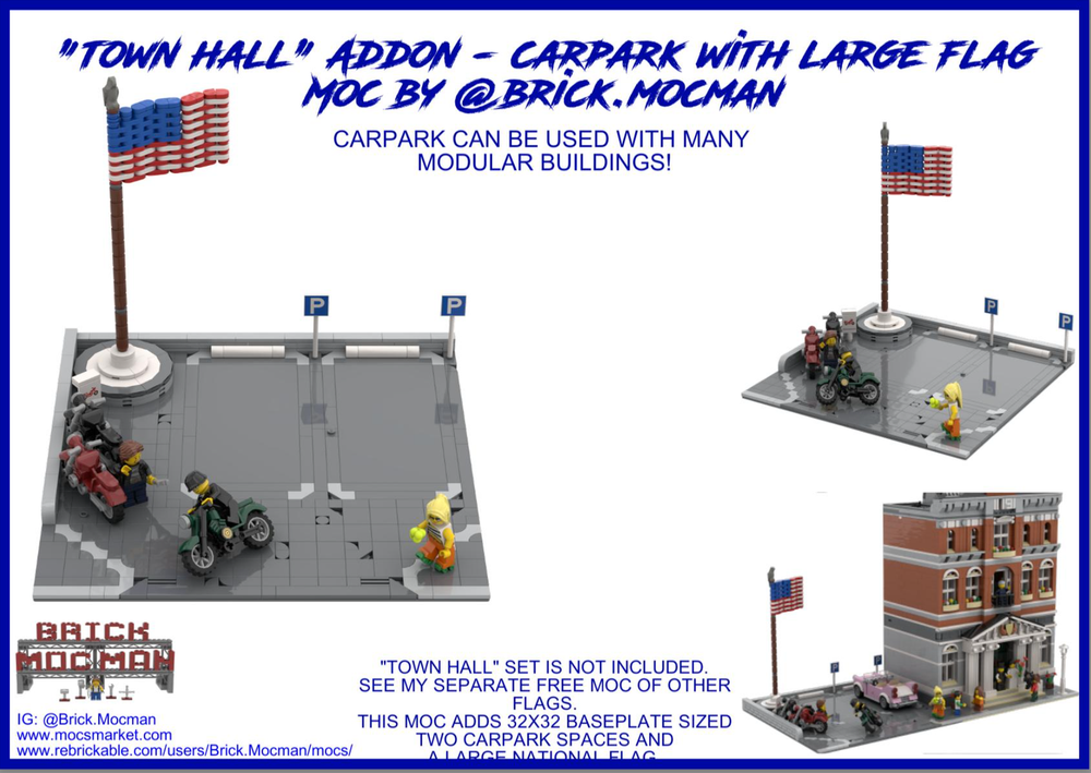 Lego "Town Hall" Add On - Carpark with National Flag (FREE)