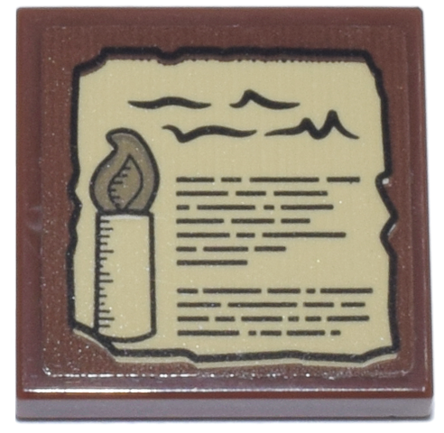 Lego Tile 2 x 2 with Tan Parchment with Black Writing, Lines and Candle with Dark Tan Flame Pattern (Sticker) - Set 21341