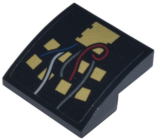 Lego Slope, Curved 2 x 2 x 2/3 Inverted with Gold Squares and Dark Red, Dark Blue, Silver, and Dark Silver Wires Pattern Model Right Side (Sticker) - Set 75398 / Black