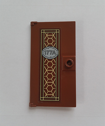 Lego Door 1 x 4 x 6 with Stud Handle with Pearl Gold Ornament and '177A' Pattern (Sticker) - Set 76108 / Reddish Brown