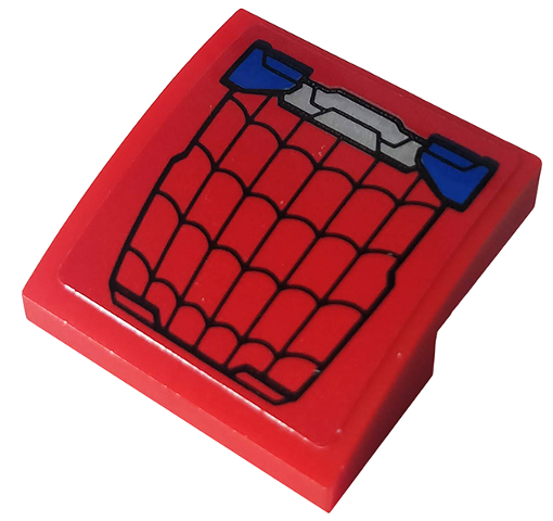 Lego Slope, Curved 2 x 2 x 2/3 with Black Spider Web and Blue and Silver Hull Plates Pattern (Sticker) - Set 76148 / Red