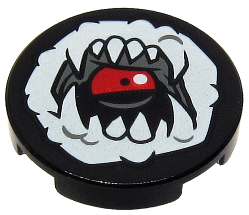 Lego Tile, Round 2 x 2 with Bottom Stud Holder with White Open Mouth, Fangs and Tongue Pattern