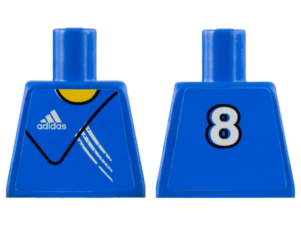 Lego Torso Soccer Uniform Blue Shirt with White Adidas Logo, Stripes and Number 8 on Back, Yellow Neck Pattern (Stickers) / Blue