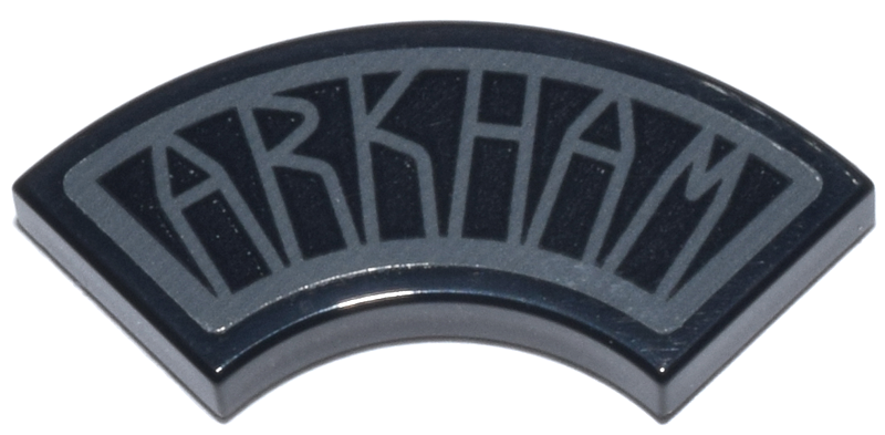 Lego Tile, Round Corner 2 x 2 Macaroni with Dark Bluish Gray 'ARKHAM' Pattern (Sticker) - Set 76271 / Black