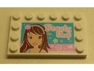 Lego Tile, Modified 4 x 6 with Studs on Edges with Girl and 'Beauty Shop' Pattern (Sticker) - Set 3187 / White